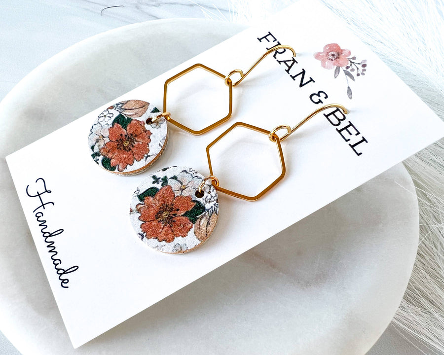 Pink Floral Leather Dangle Earrings: Gold