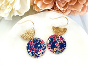 Navy Micro-Floral Leather Dangle Earrings: Silver