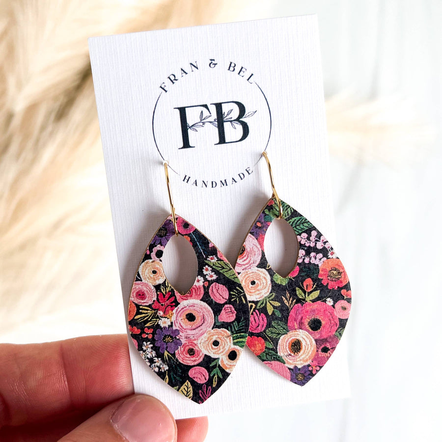 Pink/Purple/Green Fall Floral Leather Teardrop Earrings 