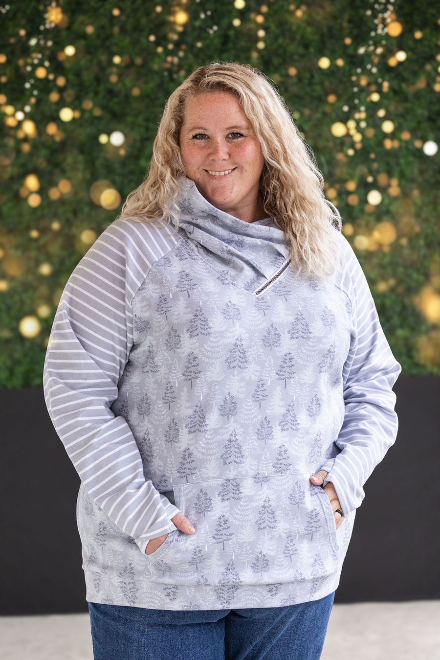 IN STOCK Classic Zoey ZipCowl Sweatshirt - Grey Trees and Stripes