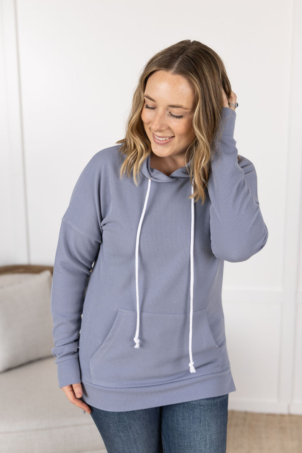 IN STOCK Kacey Ribbed Hoodie - Dusty Blue