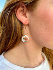 Pink Floral Leather Dangle Earrings: Gold