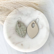 Sage Green and White Chevron Leather Teardrop Earrings