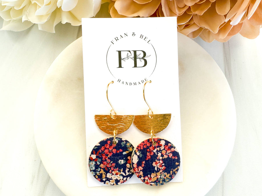 Navy Micro-Floral Leather Dangle Earrings: Silver