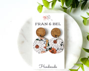 Daisy floral leather and wood stud earrings