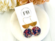 Navy Micro-Floral Leather Dangle Earrings: Silver