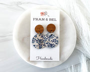 Blue and White Floral Leather and Wood Earrings