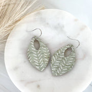 Sage Green and White Chevron Leather Teardrop Earrings