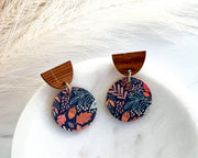 Blue Leaf Patterned Fall Leather Circle  Stud Drop Earrings