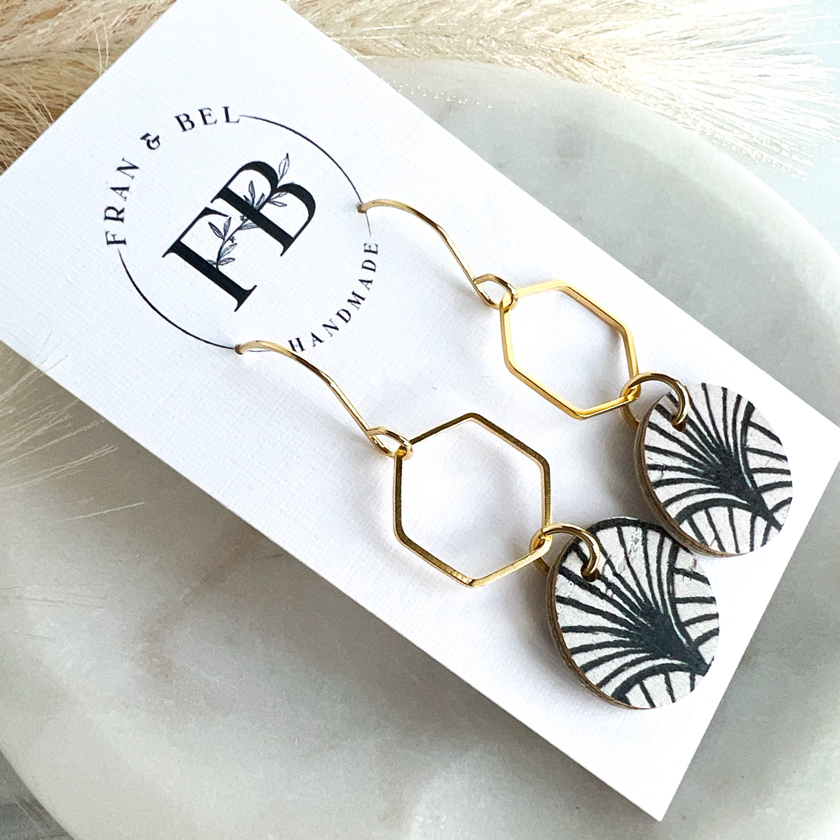 Black and White Boho Arch Leather Circle Hexy Earrings: Gold