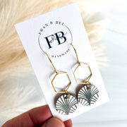 Black and White Boho Arch Leather Circle Hexy Earrings: Gold