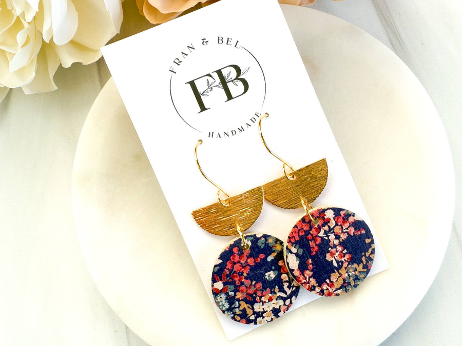 Navy Micro-Floral Leather Dangle Earrings: Silver