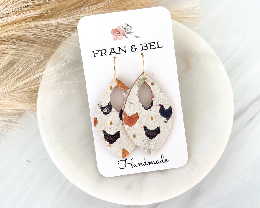 Chicken Hen Neutral Leather Teardrop Earrings