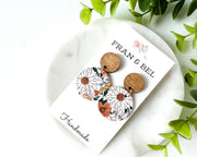 Daisy floral leather and wood stud earrings