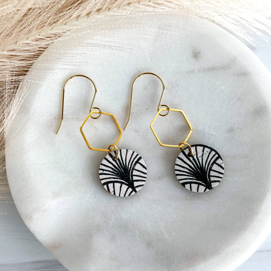 Black and White Boho Arch Leather Circle Hexy Earrings: Gold