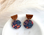 Blue Leaf Patterned Fall Leather Circle  Stud Drop Earrings