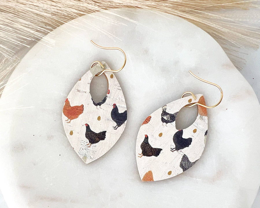 Chicken Hen Neutral Leather Teardrop Earrings