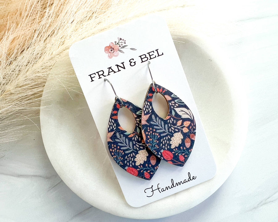 Blue Leaf Patterned Fall Leather Teardrop Earrings: Silver Wires