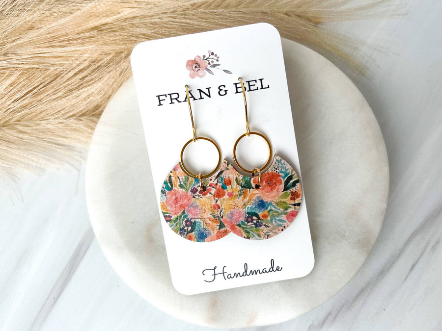 Watercolor Spring Floral Crescent Leather Earrings: Medium Gold