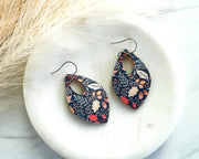 Blue Leaf Patterned Fall Leather Teardrop Earrings: Silver Wires