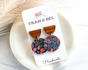 Blue Leaf Patterned Fall Leather Circle  Stud Drop Earrings