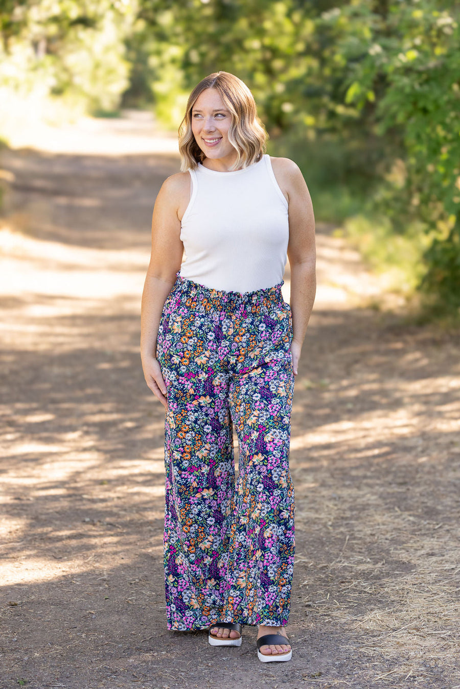 palazzo pants navy and pink floral wide leg woments pants