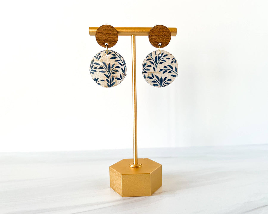 Blue and White Floral Leather and Wood Earrings