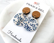 Blue and White Floral Leather and Wood Earrings