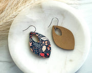 Blue Leaf Patterned Fall Leather Teardrop Earrings: Silver Wires