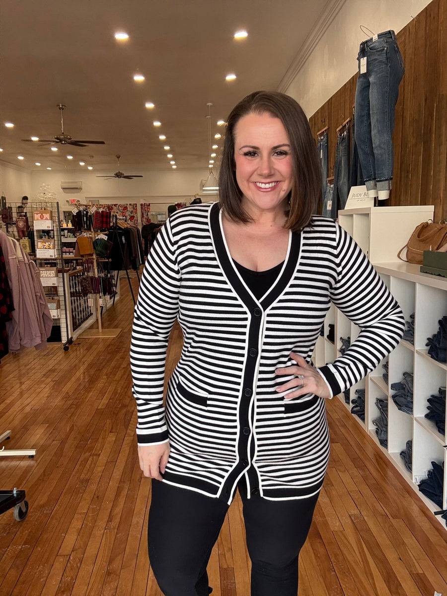 Black Stripe Long Sleeve Button up Tunic Cardigan