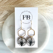 Black and White Boho Arch Leather Circle Hexy Earrings: Gold