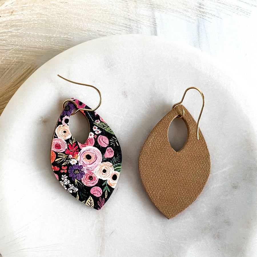 Pink/Purple/Green Fall Floral Leather Teardrop Earrings 