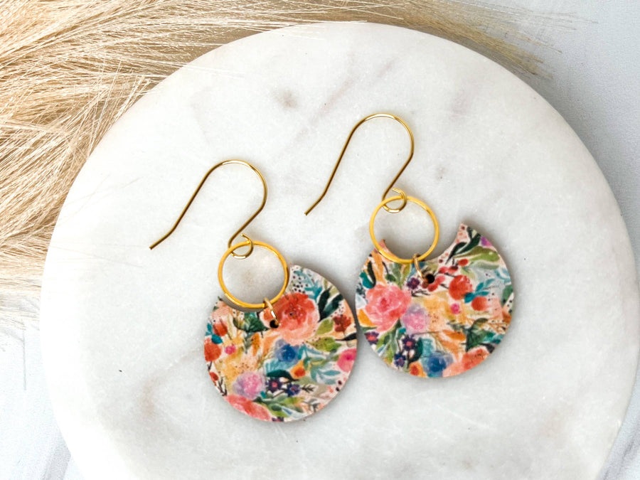 Watercolor Spring Floral Crescent Leather Earrings: Medium Gold