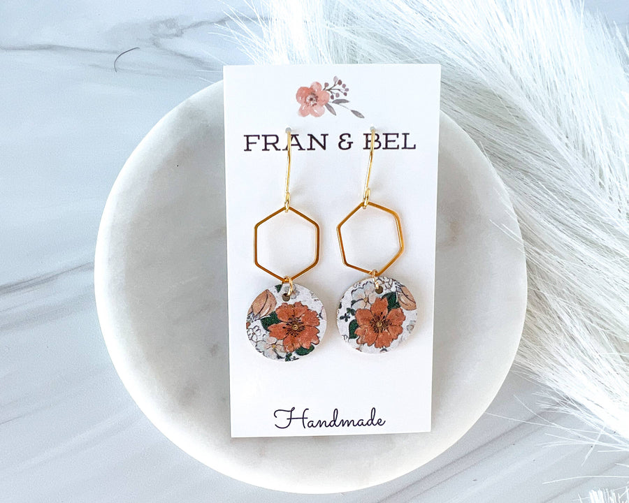 Pink Floral Leather Dangle Earrings: Gold