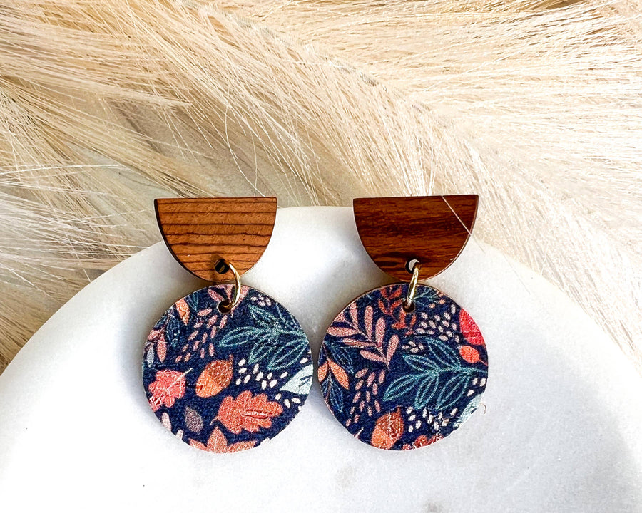 Blue Leaf Patterned Fall Leather Circle  Stud Drop Earrings