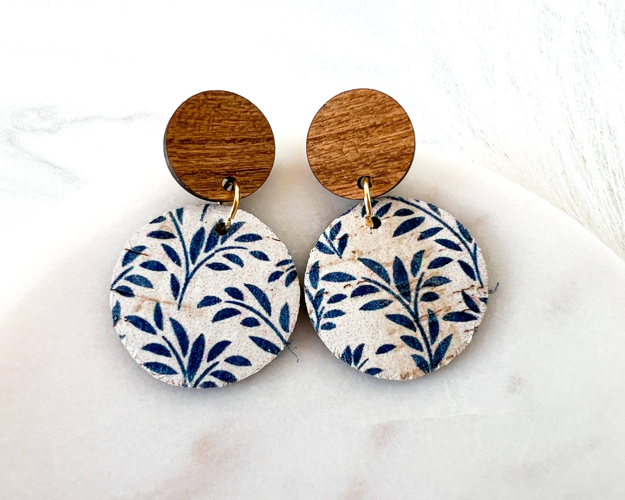 Blue and White Floral Leather and Wood Earrings