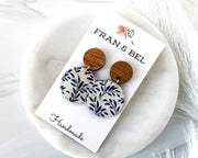 Blue and White Floral Leather and Wood Earrings