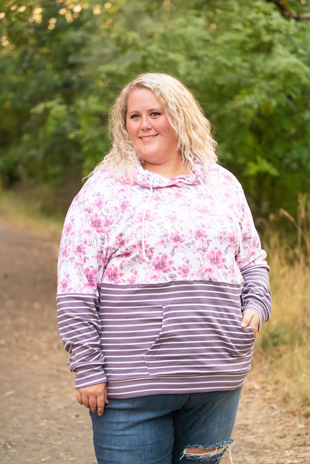 IN STOCK Hailey Pullover Hoodie - Pink Floral and Stripes