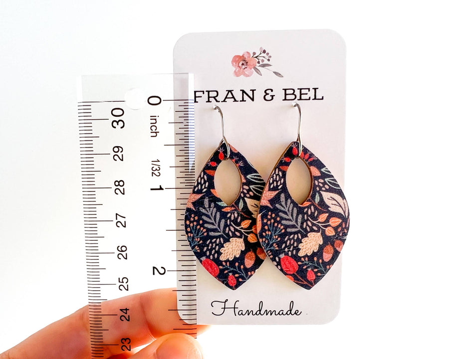 Blue Leaf Patterned Fall Leather Teardrop Earrings: Silver Wires