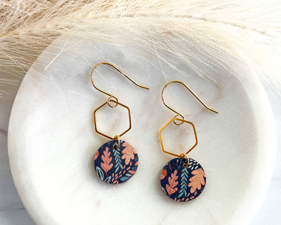 Blue Leaf Patterned Fall Leather Circle Hexy Earrings: Silver