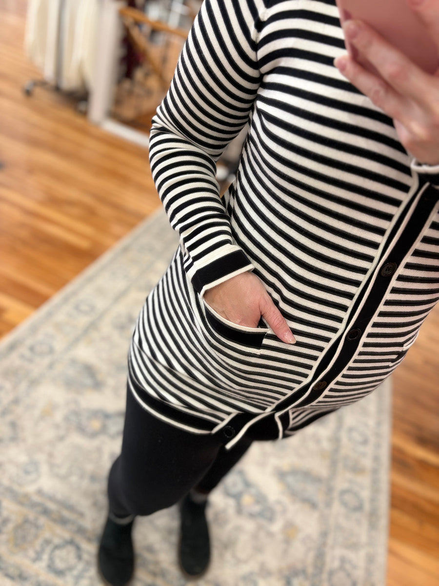 Black Stripe Long Sleeve Button up Tunic Cardigan