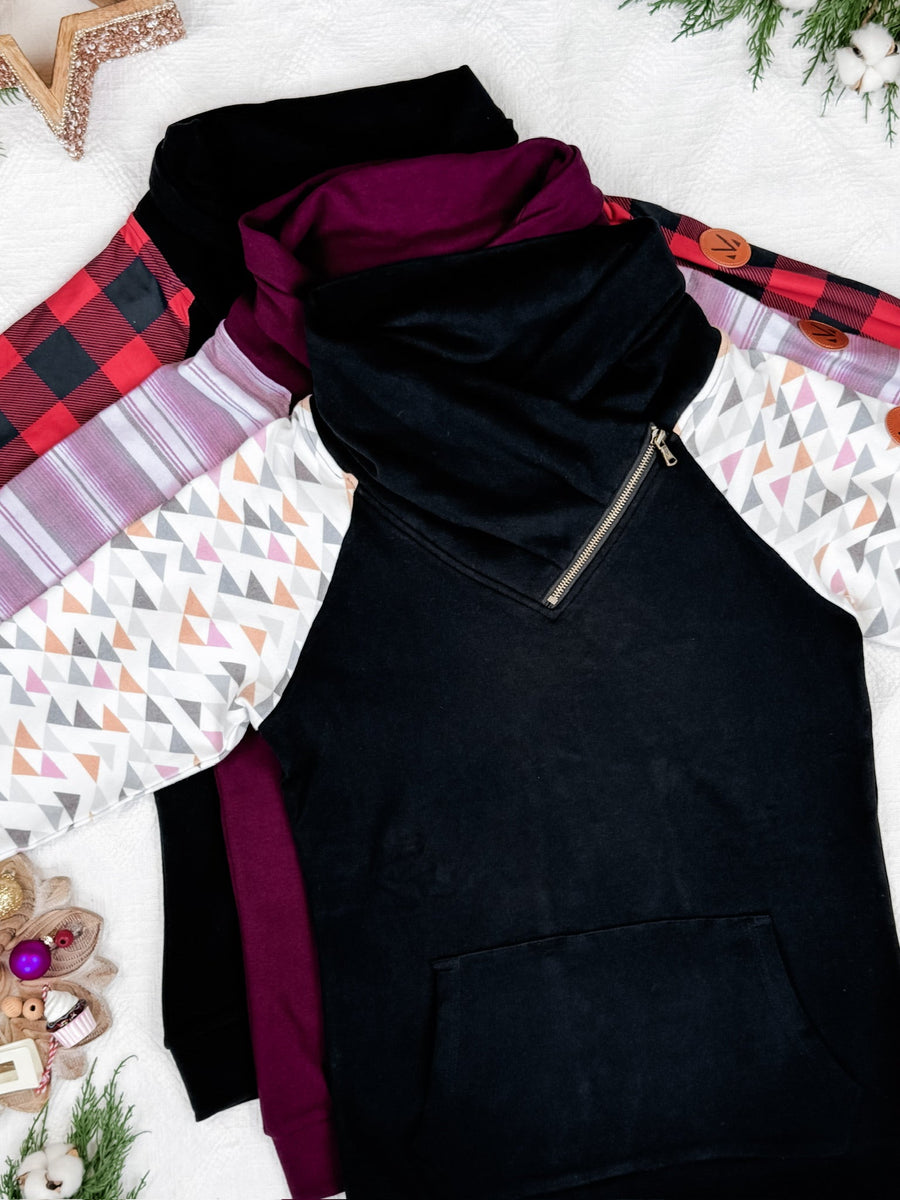 IN STOCK Zoey ZipCowl - Black and Buffalo Plaid