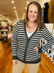 Snap Striped Cardigan- Olive & Ivory