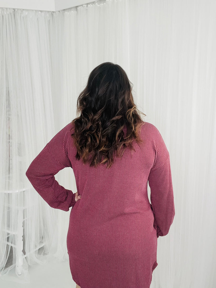 Urban Ribbed Long Sleeve Dress- Burgundy