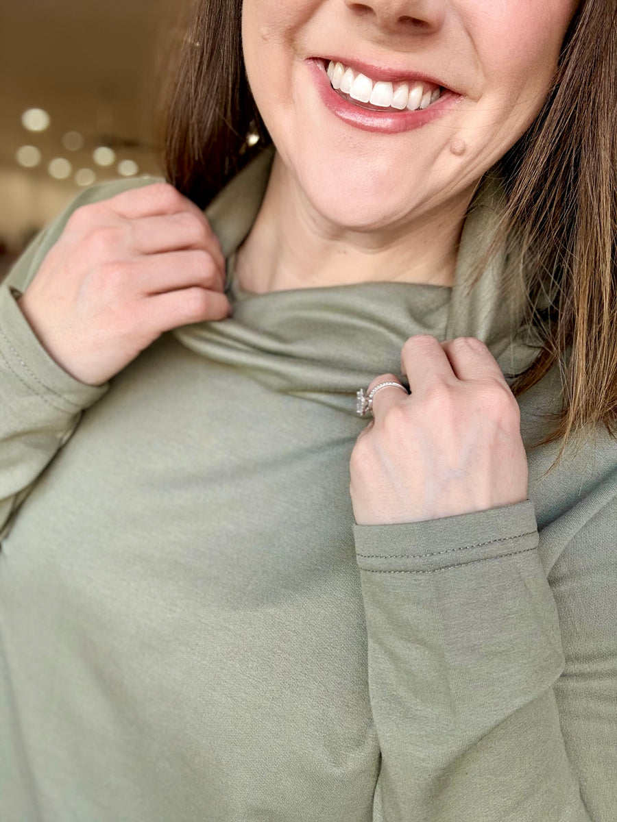 Cowl Neck Tunic Sweater- Light Olive