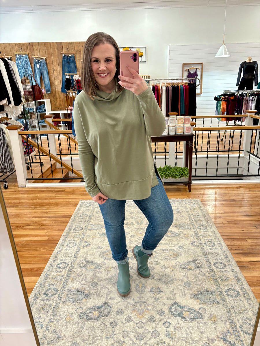 Cowl Neck Tunic Sweater- Light Olive