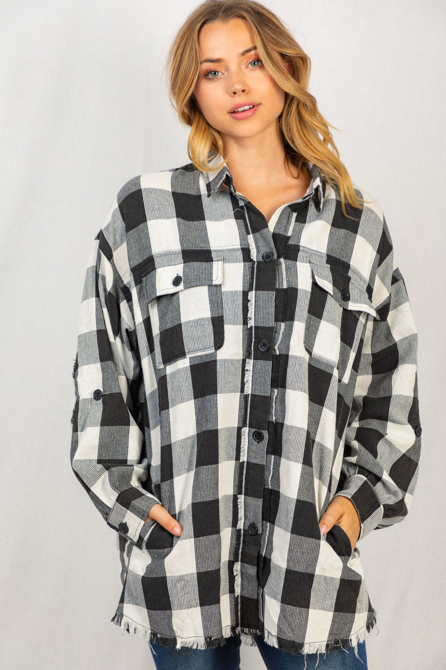 Distressed Detail Plaid Over Shirt- Black & White