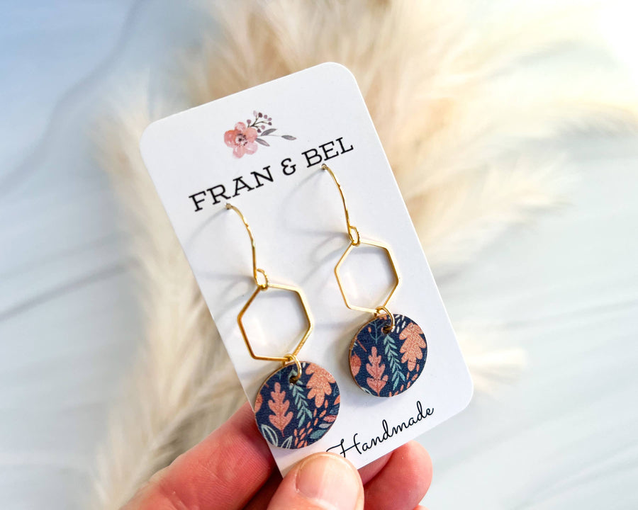 Blue Leaf Patterned Fall Leather Circle Hexy Earrings: Silver