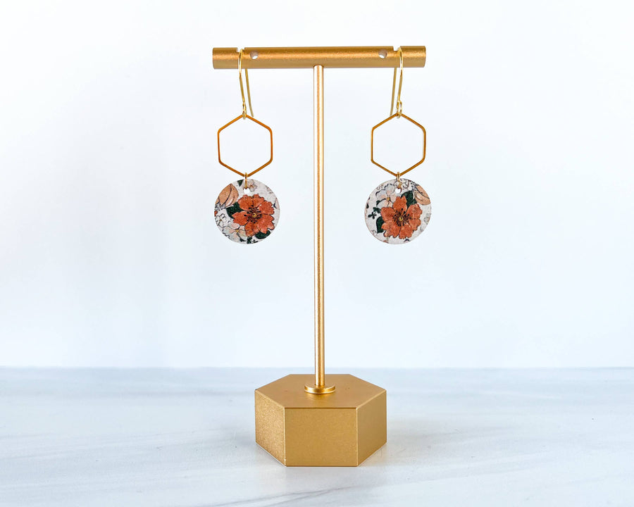 Pink Floral Leather Dangle Earrings: Gold