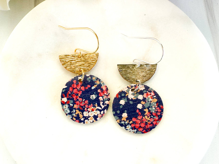 Navy Micro-Floral Leather Dangle Earrings: Silver